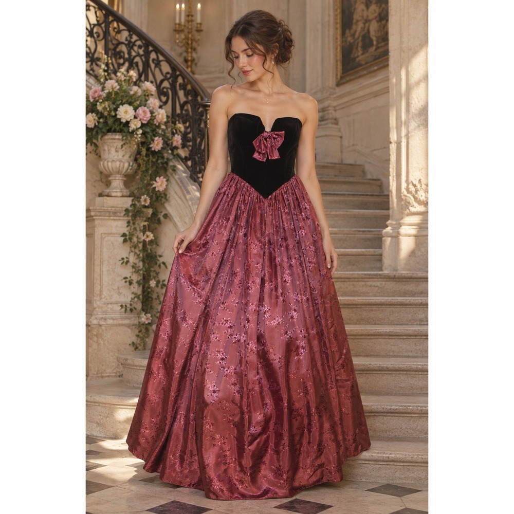 Gunne Sax Jessica McClintock Strapless Floral Bow Gown Coquette Basque Waist